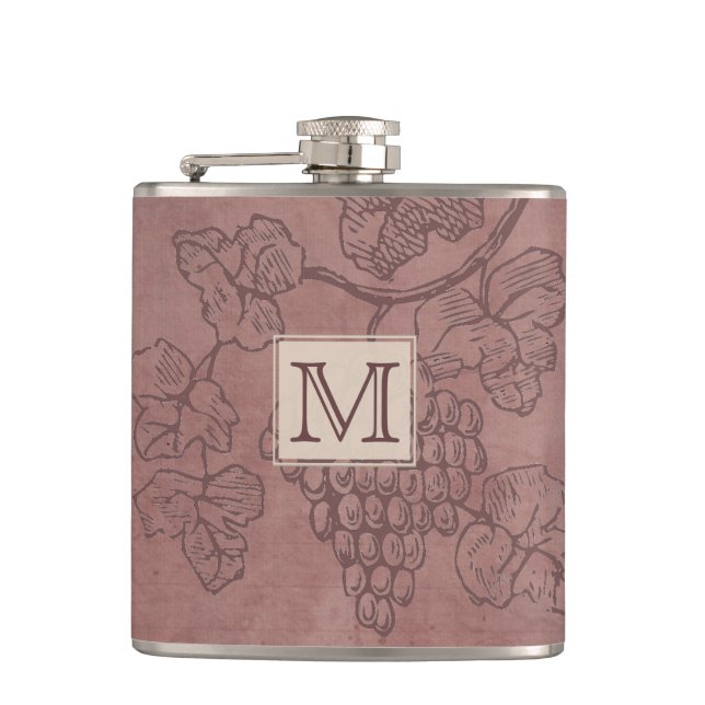 Burgundy Wine Grapevine Monogram Hip Flask (Front)