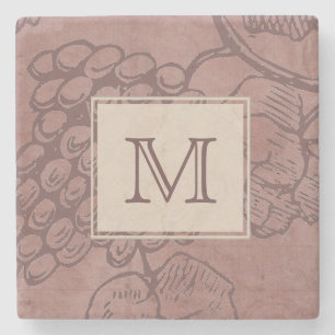 Burgundy Wine Grapevine Monogram Stone Coaster