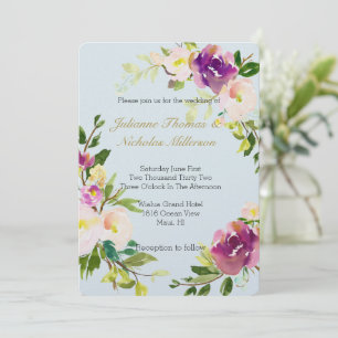 Burgundy Wine Light Blue Floral Cream Wedding Invitation