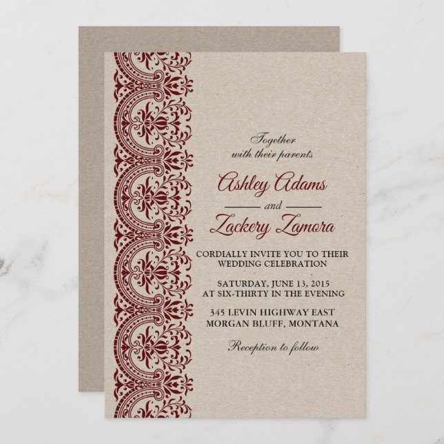 Burgundy/Wine/Maroon Lace Wedding Invitation (Front/Back)