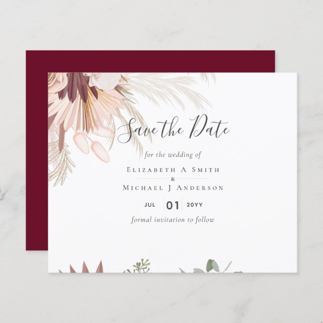 Burgundy Wine Pampas Grass Tropical Wedding (Front/Back)