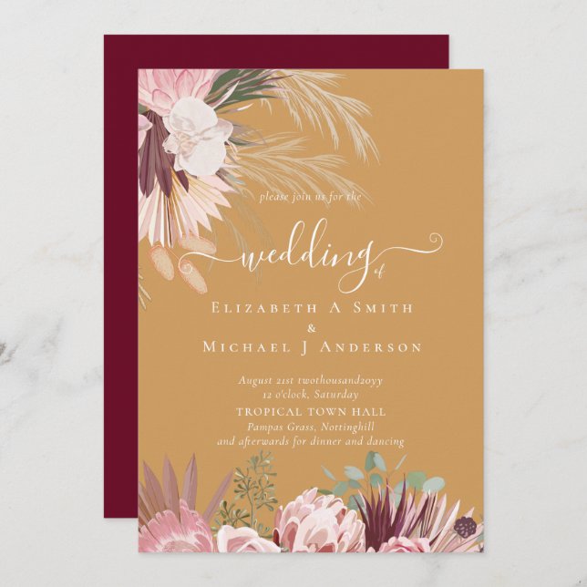 Burgundy Wine Pampas Grass Tropical Wedding (Front/Back)