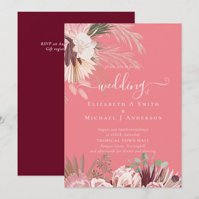 Burgundy Wine Pampas Grass Tropical Wedding Invitation (Front/Back)