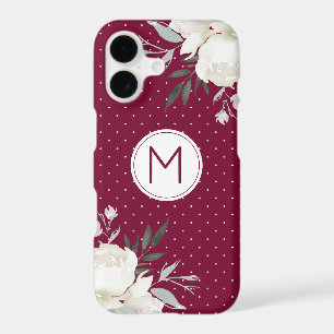 Burgundy Wine Polka Dot White Rose Floral Monogram