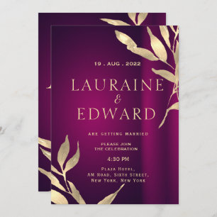 Burgundy wine red and golden foil leaves invitation