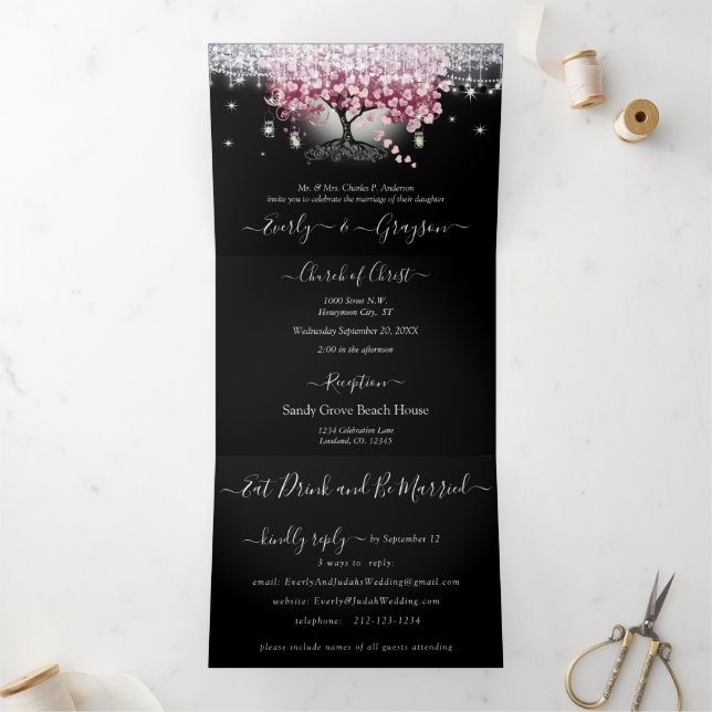 Burgundy Wine Red and Pink Heart Leaf Tree Wedding Tri-Fold Invitation (Inside)