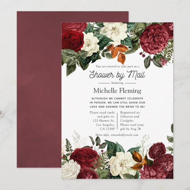 Burgundy Wine Red Floral Bridal Shower by Mail Invitation (Front/Back)