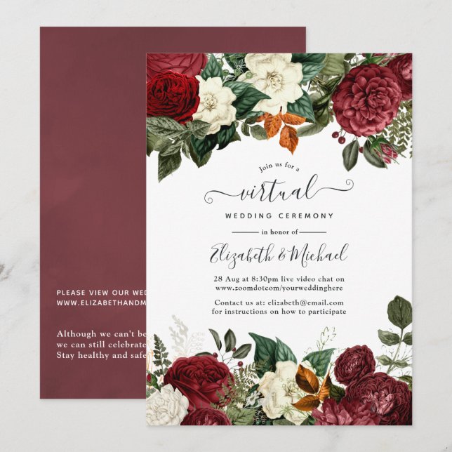 Burgundy Wine Red Floral Online Virtual Wedding Invitation (Front/Back)