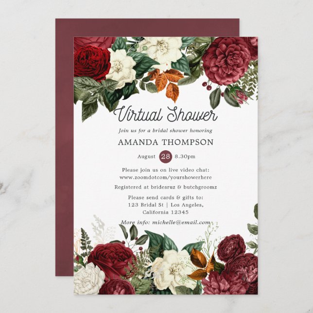 Burgundy Wine Red Floral Virtual Bridal Shower Invitation (Front/Back)