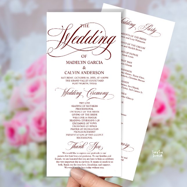 Burgundy Wine Red Modern Script All In One Wedding Program (Modern Script All In One Wedding Program Card in Burgundy Wine Red)