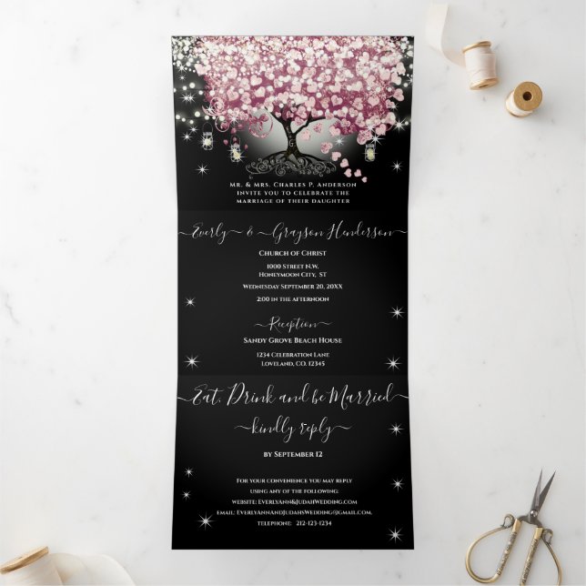 Burgundy Wine Red & Pink Heart Leaf Tree Wedding Tri-Fold Invitation (Inside)