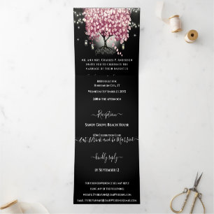 Burgundy Wine Red & Pink Heart Leaf Tree Wedding Tri-Fold Invitation
