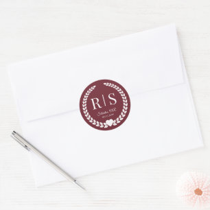 Burgundy Wine Red Wedding Monogram Initials Classic Round Sticker