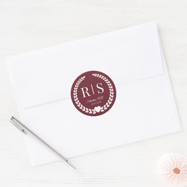 Burgundy Wine Red Wedding Monogram Initials Classic Round Sticker (Envelope)