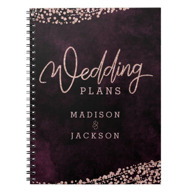 Burgundy Wine Rose Gold Confetti Wedding Planner Notebook (Front)