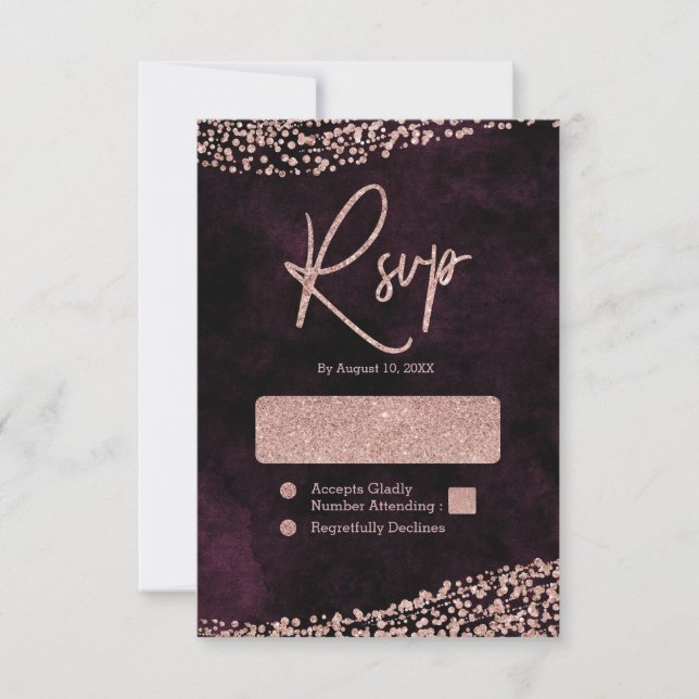 Burgundy Wine & Rose Gold Confetti Wedding RSVP (Front)