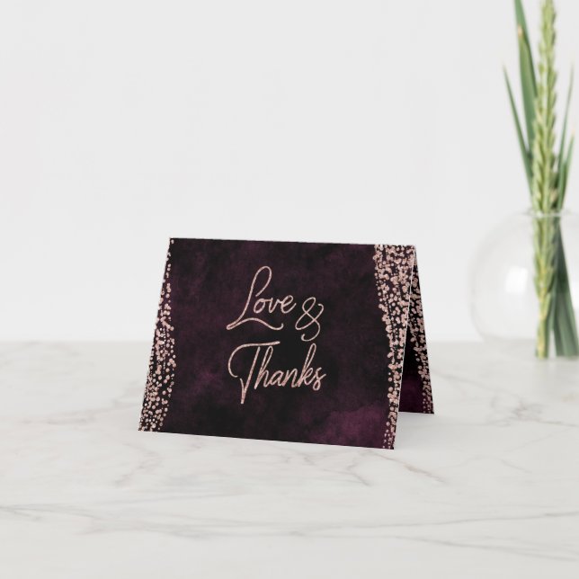 Burgundy Wine & Rose Gold Glam Wedding Thank You Card (Front)