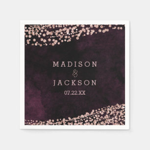 Burgundy Wine & Rose Gold Monogram Wedding Napkin