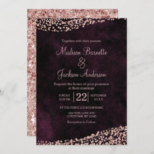 Burgundy Wine & Rose Gold Wedding Invitation
