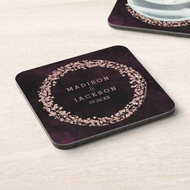 Burgundy Wine & Rose Gold Wedding Monogram Coaster (Left Side)