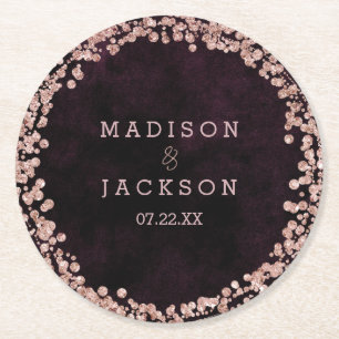 Burgundy Wine & Rose Gold Wedding Monogram Round Paper Coaster
