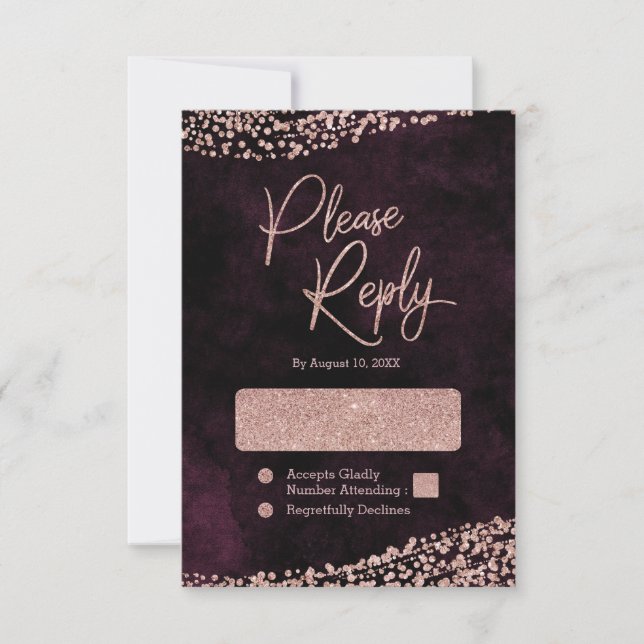 Burgundy Wine & Rose Gold Wedding Reply RSVP Card (Front)