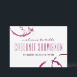 Burgundy Wine Stain Wedding Table Number Card<br><div class="desc">A dramatic burgundy wine stain splash sets the stage for a vineyard-inspired wedding table number card where tables are identified by wine varietal names instead of numbers. The couple's names are featured beneath the wine name for a fun, personalised touch. The wine name, couple's names, and all text are easy...</div>