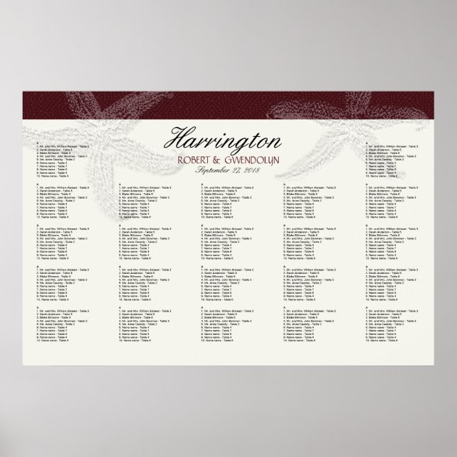 Burgundy Wine Starfish Wedding Seating Chart (Front)