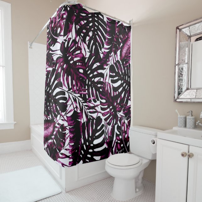 Burgundy Wine Tropical Palm Leaves Island Chic Shower Curtain (In Situ)