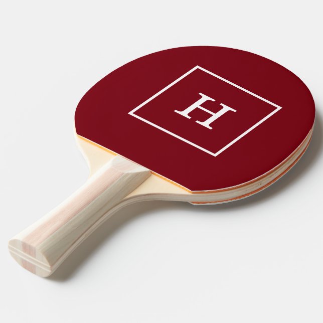 Burgundy Wine White Framed Initial Monogram Ping Pong Paddle (Front Angle)