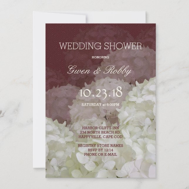 Burgundy Wine White Hydrangea Wedding Shower Invitation (Front)