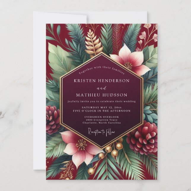 Burgundy Winter Botanical Wedding Invitation (Front)