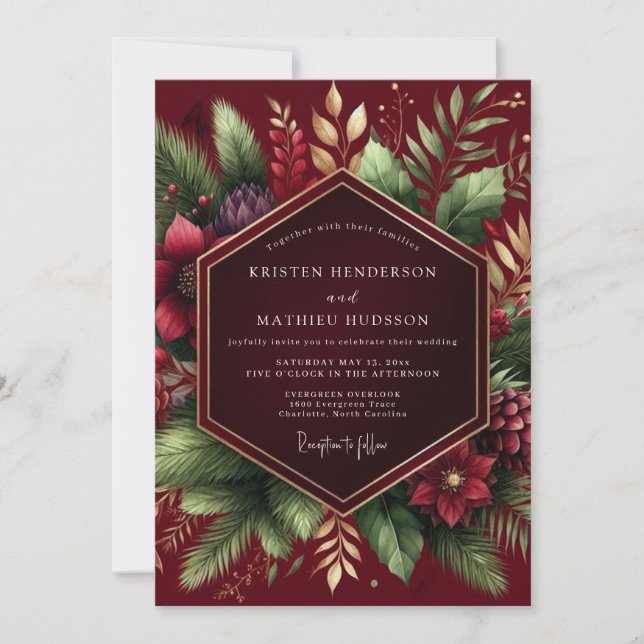 Burgundy Winter Botanical Wedding Invitation (Front)