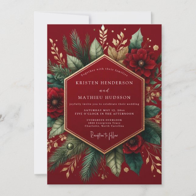 Burgundy Winter Botanical Wedding Invitation (Front)