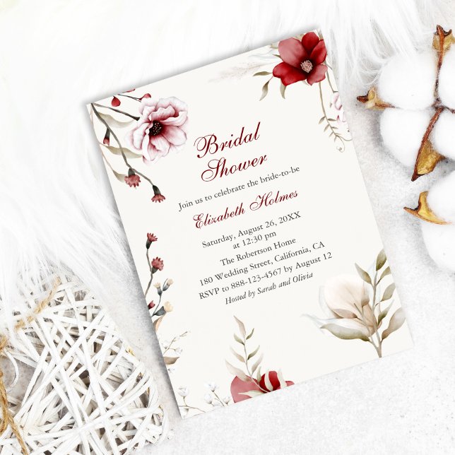 Burgundy Winter Elegance Bridal Shower Invitation (Burgundy Winter Elegance Bridal Shower Invitation on cozy white background with cotton flowers)