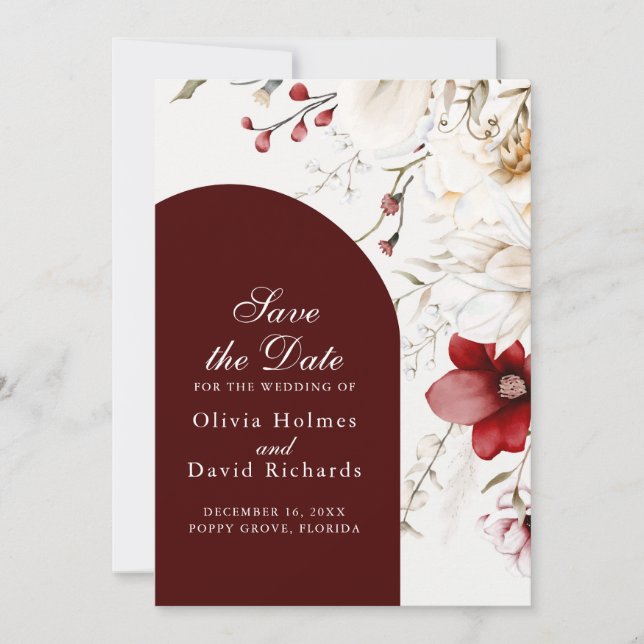 Burgundy Winter Elegance Save the Date Card (Front)