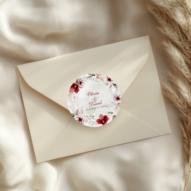 Burgundy Winter Elegance Wedding Classic Round Sticker (Burgundy Winter Elegance Wedding Classic Round Sticker on an elegant wedding envelope.)