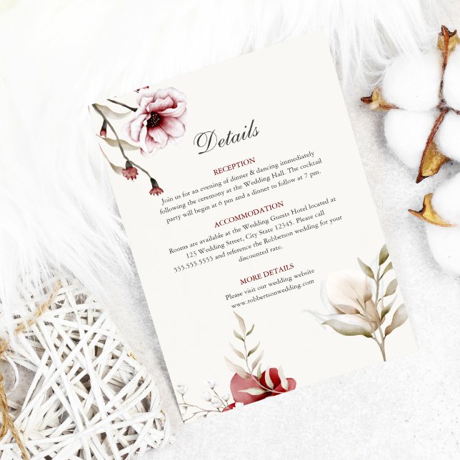 Burgundy Winter Elegance Wedding Details Card (Burgundy floral wedding details on white cozy background)