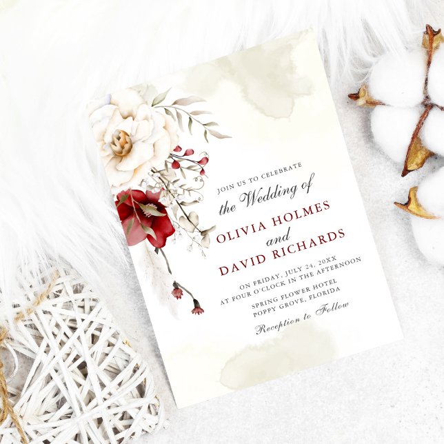 Burgundy Winter Elegance Wedding Invitation (Wedding invitation on white cozy background)