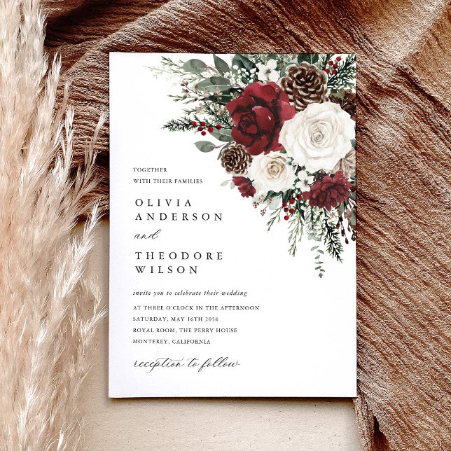 Burgundy Winter Floral Elegant Wedding Invitation (Burgundy winter floral wedding invitation pinecone ivory rustic elegant watercolor invite)