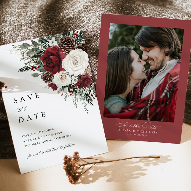Burgundy Winter Floral Photo Back Wedding Save The Date (Burgundy winter floral photo save the date card, rustic elegant watercolor wedding announcement)