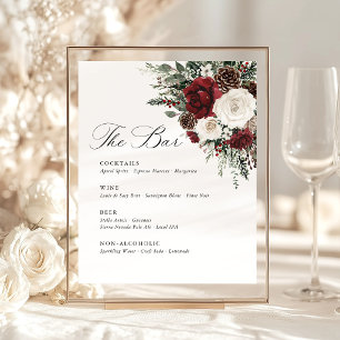 Burgundy Winter Floral Wedding Bar Menu Pedestal Sign