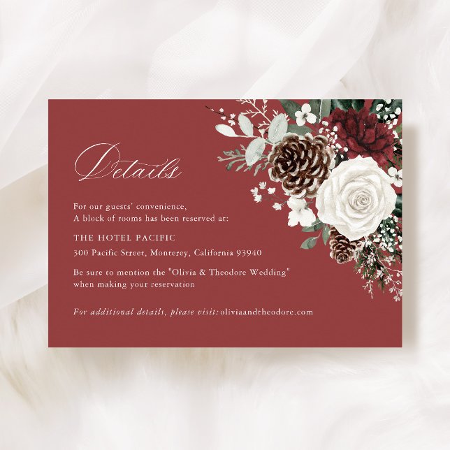 Burgundy Winter Floral Wedding Hotel Details Enclosure Card (Burgundy winter floral wedding details card hotel accommodation rustic elegant stationery)