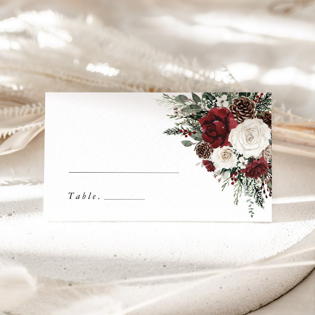 Burgundy Winter Floral Wedding Name Place Card (burgundy floral winter wedding place card, elegant holiday escort card reception table decor)