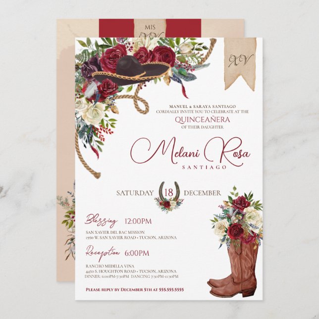 Burgundy Winter Floral Western Charro Quinceanera Invitation (Front/Back)