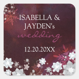 Burgundy Winter Glitter Wedding Save the Date Square Sticker