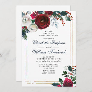 Burgundy Winter Roses Foliage ENGAGEMENT PARTY Invitation