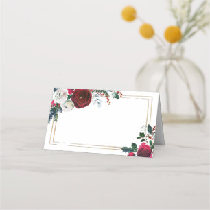 Burgundy Winter Roses Foliage Wedding Table Place Card