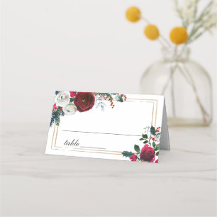 Burgundy Winter Roses Foliage Wedding Table Place Card