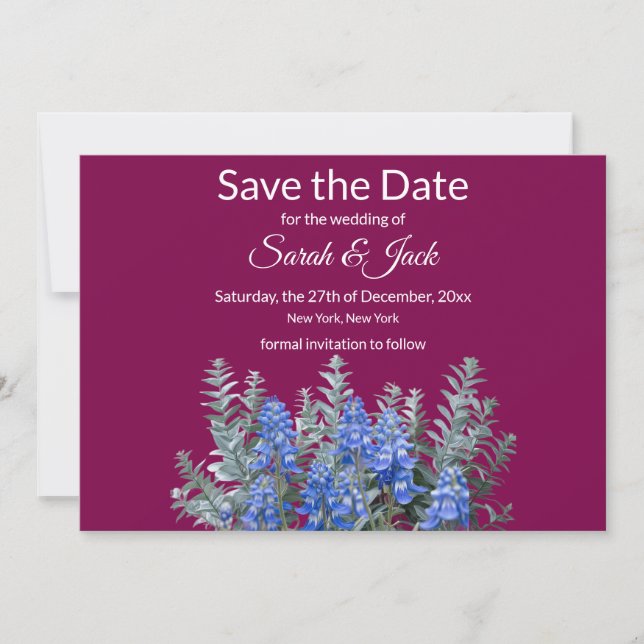 Burgundy Winter Wedding with Bluebonnet Save The Date (Front)